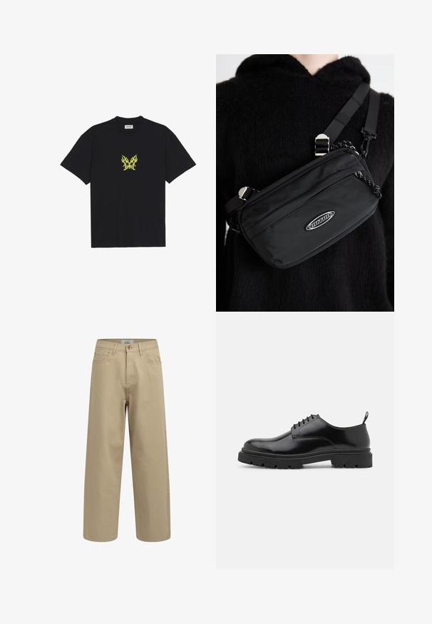 Must musta t-särk, millel on rinnal väike kollane leekidega liblika graafika. Ümmargune kaelus, lühikesed varrukad.; Beežid laiad püksid, mis on valmistatud puuvillast kangast. Omab nööbiga sulgemist, vöörihmadega ja esi-taskutega. Sile tekstuur, ilma nähtavate mustriteta.; Mustad nahast kingad, millel on ümar nina, sile tekstuur ja sooniline kummist tald. Omavad väikest kontsi ja tõmblinti taga.; Musthave musta nailonkott rihmaga, millel on reguleeritav rihm, siledapinnaline tekstuur, eespool tõmblukuga tasku ja logo aktsent.