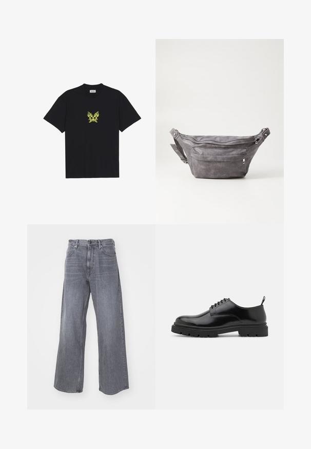 Crna pamučna majica s grafikom leptira u malom žutom plamenu na prsima. Okrugli izrez, kratki rukavi.; G-STAR TYPE - Traperice opuštenog kroja - worn in rock; Crne kožne cipele na vezivanje s zaobljenim prstima, glatkom površinom i rebrastim gumenim potplatom. Imaju mali potpeticu i petnu traku za lakše obuvanje.; Siva zamšasta torbica preko struka sa zaobljenim oblikom, dva zip zatvorena odjeljka i podesivim remenom. Sadrži metalne naglaske.