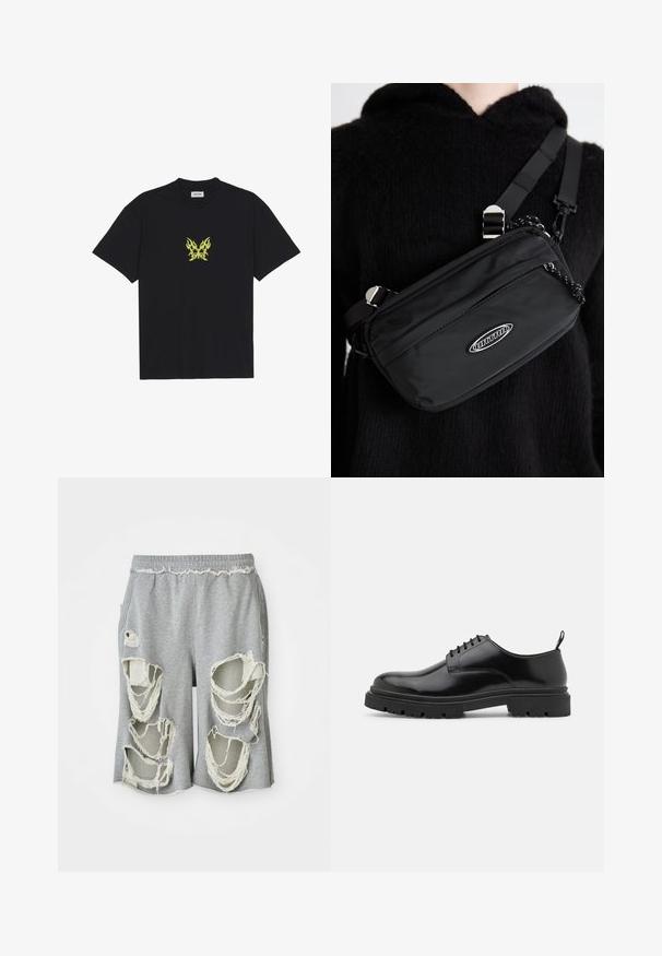 Svart bomulls t-shirt med en liten, gul flammönstrad fjärilsgraphic på bröstet. Rundad halsringning, korta ärmar.; Grå bomullsshorts med framträdande slitna hål och fransiga kanter. Har midjeresår och avspänd passform.; Svarta läder snörskor med rundad tå, slät yta och ribbad gummisula. Har en liten klack och en dragflik på baksidan.; Svart nylon crossbody-väska med justerbar rem, med en slät textur, en framficka med dragkedja och en logotypdetalj.
