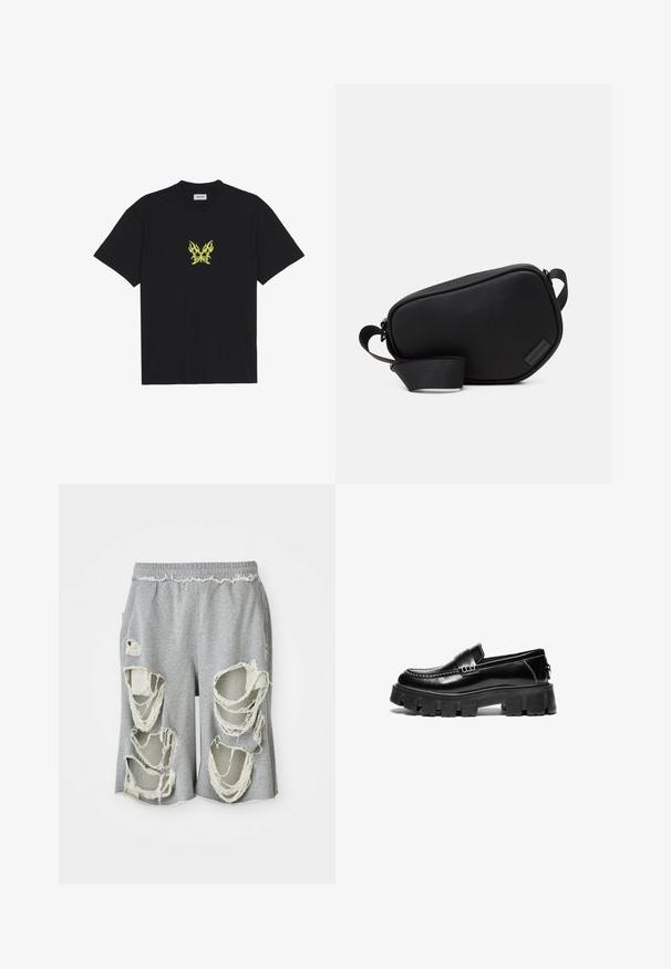 Černé bavlněné tričko s malým grafikou motýla se vzorem žlutých plamenů na hrudi. Kulatý výstřih, krátké rukávy.; Šedé bavlněné šortky s výraznými opotřebovanými otvory a roztrhanými okraji. Mají elastický pas a uvolněný střih.; Černé kožené mokasíny s robustní gumovou podrážkou, ozdobným páskem přes vršek a kontrastním bílým prošíváním. Hladký povrch s kulatou špičkou.; Černá crossbody taška se zipem, vyrobená z hladkého materiálu, s plochým tvarem, jedním popruhem a malým logem. Minimalistický design.