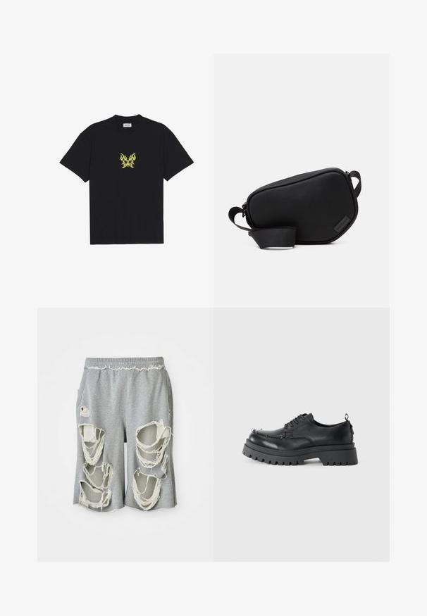 Melnā kokvilnas T-kreklā ir neliels dzeltenu liesmu rakstā veidots tauriņš uz krūšu daļas. Ar apaļu kakla izgriezumu, īsām piedurknēm.; Pelēkas kokvilnas šortos ar izteiktām nolietām caurumiem un saplēstām malām. Aprīkoti ar elastīgu jostu un brīvu piegriezumu.; Melnas masīvas ādas kurpes ar auklēm, biezs, raupjš zole un metāla acs kontaktligzdas uz pirkstu zonas, fotografētas uz vienkārša gaiša fona.; Melnā, rāvējslēdzēja plecu soma, kas izgatavota no gludas materiāla, ar plakanu formu, vienu siksnu un nelielu logotipa akcentu. Minimalistisks dizains.