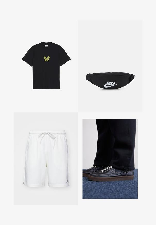 Μαύρη βαμβακερή μπλούζα με κοντά μανίκια που διαθέτει μια μικρή γραφική απεικόνιση μιας κίτρινης πεταλούδας με σχέδιο φλόγας στο στήθος. Στρογγυλή λαιμόκοψη, κοντά μανίκια.; Λευκές βαμβακερές βερμούδες με ελαστική μέση, κορδόνι και πλευρικές σχισμές. Περιέχει ένα μικρό μαύρο λογότυπο στο αριστερό στρίφωμα.; Nike Sportswear KILLSHOT 2 LTR PRM OPP2 - Αθλητικά παπούτσια - black sail baroque brown mtlc dk grey; Μαύρη νάιλον τσάντα μέσης με κλείσιμο φερμουάρ, διαθέτει μεγάλο λευκό λογότυπο Nike. Λείος υφή και εργονομικός σχεδιασμός για άνετη χρήση.