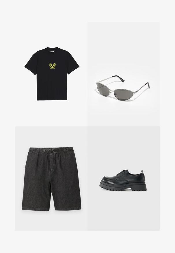 Črna bombažna majica s kratkimi rokavi, ki na prsih prikazuje majhen grafični motiv metulja v rumenem plamenskem vzorcu. Okrogla izrezana vratna linija.; Črne denim kratke hlače z elastičnim pasom in nastavljivimi vrvicami. Imajo stranske žepke in ohlapen, sproščen kroj.; Črne masivne usnjene čevlje na vezalko s debelim grobim podplatom in kovinskimi gromi na prednjem delu, fotografirane proti enostavni svetli podlagi.; Sončna očala z elegantnim srebrnim kovinskim okvirjem, sivi zasenčeni leči in aerodinamičnim oblikovanjem, ki vključuje ostri robovi in tanke ročke.