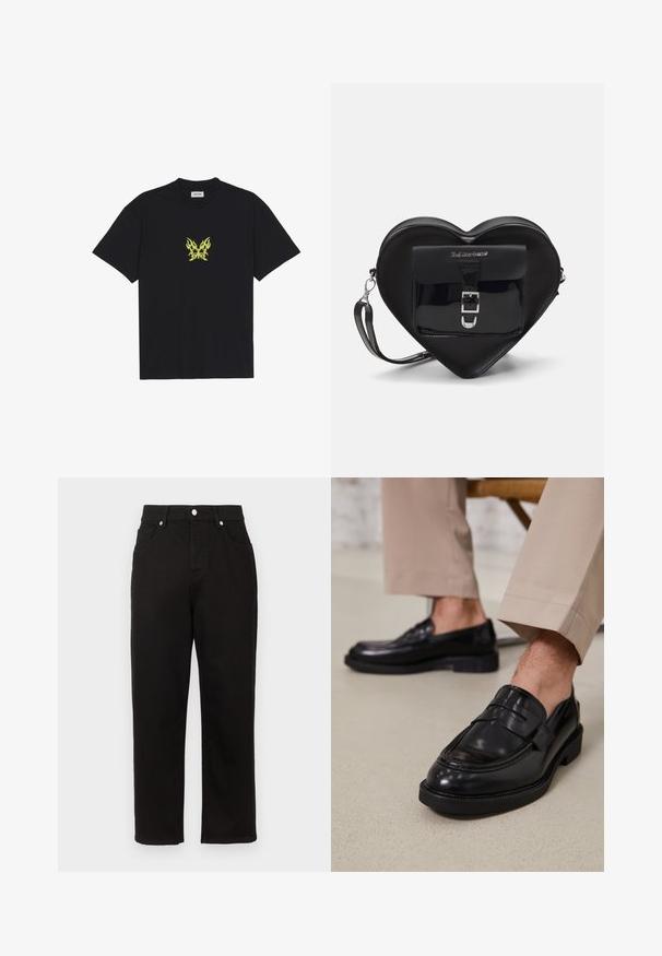 Sort bomull T-skjorte med et lite, gult flamme-mønster av en sommerfugl på brystet. Rund hals, korte ermer.; Svarte denim bukser med rett bendesign, med høy midje, frontlommer og sølvfarge på midjebåndet.; Svarte skinnloafers med glatt overflate, med en dekorativ stropp og kontrastbroderi, sammen med beige bukser.; Sorte hjerteformet veske laget av patentlær med en frontlomme som har spenne-lukking og avtagbar stropp. Sølvfargede detaljer.
