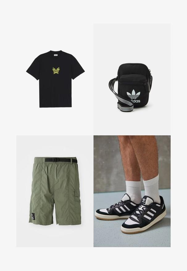 Camiseta de algodón negra con un pequeño gráfico de mariposa con patrón de llamas amarillas en el pecho. Cuello redondo, mangas cortas.; Pantalones cortos cargo de color verde oliva con cintura elástica y hebilla negra. Incluyen un bolsillo lateral y un tejido texturizado.; Zapatillas en blanco y negro con parte superior de ante y cuero, que presentan tres franjas blancas, una puntera perforada y una suela de goma.; Bolso cruzado de tela negra con cierre de cremallera, que presenta un logo blanco de Adidas y una correa ajustable a rayas para un fácil transporte.