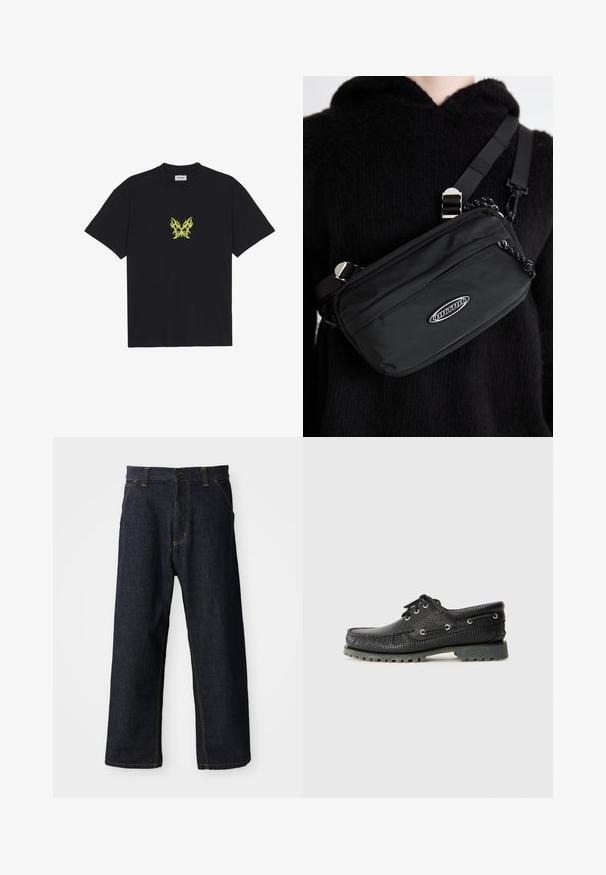 Zwarte katoenen t-shirt met een kleine gele vlinderafbeelding met vlampatroon op de borst. Ronde halslijn, korte mouwen.; Donkerblauwe denim broek met een rechte pasvorm, voorzien van gele stiksels, voorzakken en een knoopsluiting bij de taille.; Zwarte, gestructureerde veterschoen met een ronde neus, metalen veterogen en een robuuste grijze rubberen zool. Heeft een geweven patroon op het bovenwerk.; Zwarte nylon crossbody tas met een verstelbare schouderriem, met een gladde textuur, een voorzak met rits en een logo-accent.