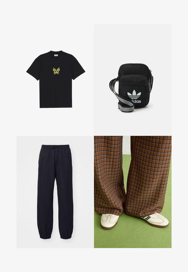 Black cotton t-shirt featuring a small, yellow flame-patterned butterfly graphic on the chest. Crew neckline, short sleeves.; Black sweatpants made of soft fabric, featuring an elastic waistband with a drawstring, cuffed hems, and decorative stitched seams.; Brown and blue plaid wide-leg trousers paired with white shoes featuring black accents and textured soles, set against a green background.; Black fabric crossbody bag with a zipper closure, featuring a white Adidas logo and a striped adjustable strap for easy carrying.