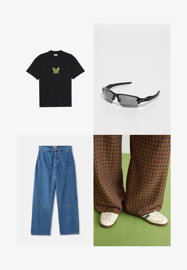 Must musta t-särk, millel on rinnal väike kollane leekidega liblika graafika. Ümmargune kaelus, lühikesed varrukad.; Sinised denim laiad püksid, millel on kõrge vöökoht, suured esipockets ja silmapaistev patšwork-disain nähtava õmbluse ja metallkinnitustega.; Pruunide ja siniste ruuduliste laiad püksid, mille juurde on kombineeritud valged kingad mustade aktsentidega ja tekstuursete taldadega, roheline taust.; Mustad must sportlikud prillid hallide läätsedega, kõverate raamide kujundus ja logodetail küljel. Valmistatud kergest plastmaterjalist.