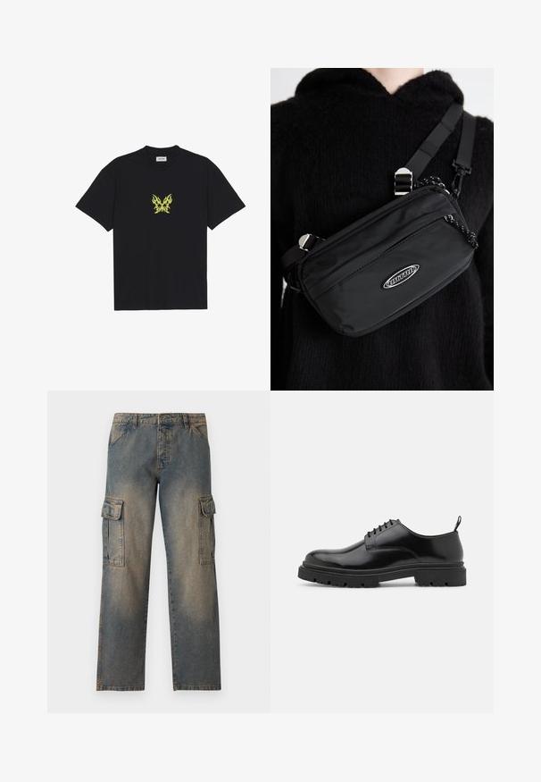 Black cotton t-shirt featuring a small, yellow flame-patterned butterfly graphic on the chest. Crew neckline, short sleeves.; Denim cargo pants featuring a faded blue color, loose fit, two large side pockets, stitched seams, and a classic waistband design.; Black leather lace-up shoes with a rounded toe, smooth texture, and ridged rubber sole. Features a small heel and a pull tab at the back.; Black nylon crossbody bag with adjustable strap, featuring a smooth texture, a front zipper pocket, and a logo accent.