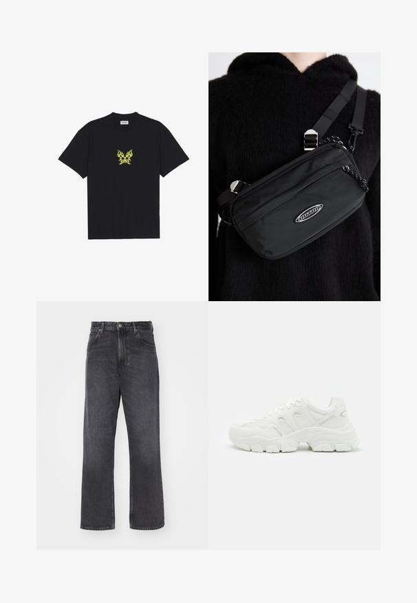 Sort bomull T-skjorte med et lite, gult flamme-mønster av en sommerfugl på brystet. Rund hals, korte ermer.; Høytlivte svarte denimjeans med rette, vide ben. Har fem lommer, knapp og glidelås-lukking, samt subtil fading på stoffet.; Hvite sportsko med mesh-overdel og lærdetaljer, teksturert gummisåle og en robust design med merkbare konturer.; Svart nylon crossover-veske med justerbar stropp, med en jevn tekstur, en frontlomme med glidelås, og en logo-detalj.