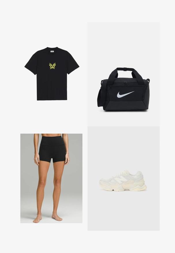Juodas medvilnės marškinėliai su mažuoju geltonu ugnies rašto drugeliu ant krūtinės. Apvalus kaklas, trumpi rankovės.; Juodos aukštai įkirptos šortai, pagaminti iš tamprios medžiagos, turintys lygų paviršių, prigludusį dizainą ir vidutinio ilgio iki šlaunų. Nėra matomų akcentų.; Lengvas sportinis batelis su tinklinio ir zomšinės viršutine dalimi švelniu kremo atspalviu, turi masyvų pado dizainą ir trimatį akcentą.; Juodas sportinis krepšys su lygiu audiniu, dviem užtrauktukais užsegamais skyreliais, paminkštintomis rankenomis ir dideliu baltu Nike logotipu priekyje.