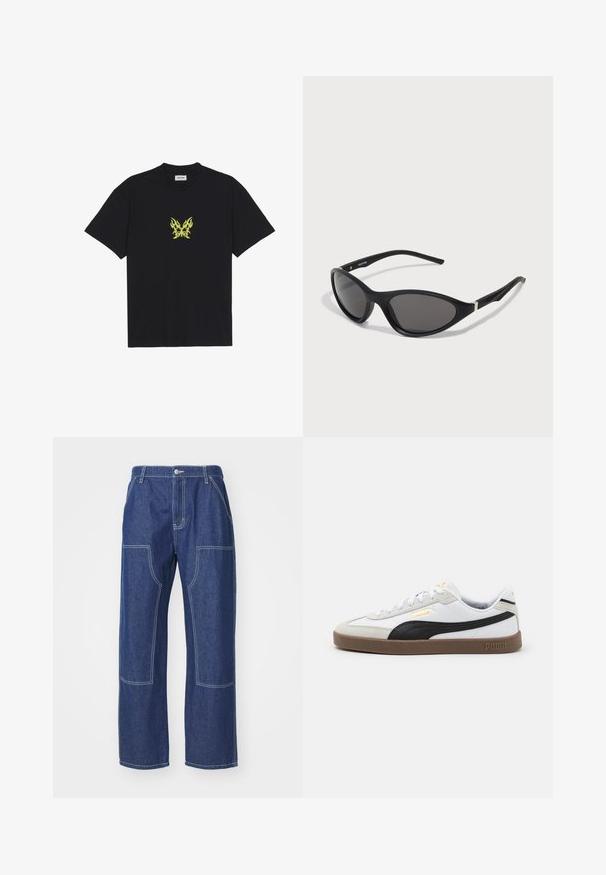 T-shirt de algodão preto com um pequeno gráfico de borboleta em padrão de chama amarela no peito. Decote redondo, mangas curtas.; Calças de ganga azul-escuro com pernas largas, apresentando costuras em contraste, dois bolsos frontais e um fecho de botão na cintura.; Sapatilha de couro branca com detalhe em camurça preta, bico redondo, sola plana de borracha castanha e logotipo em relevo dourado na lateral. Cadarços e colarinho acolchoado.; Óculos de sol pretos em formato de gato com armações lisas e mate, lentes escuras e detalhes em prata nas hastes. Design moderno com um formato arrojado.