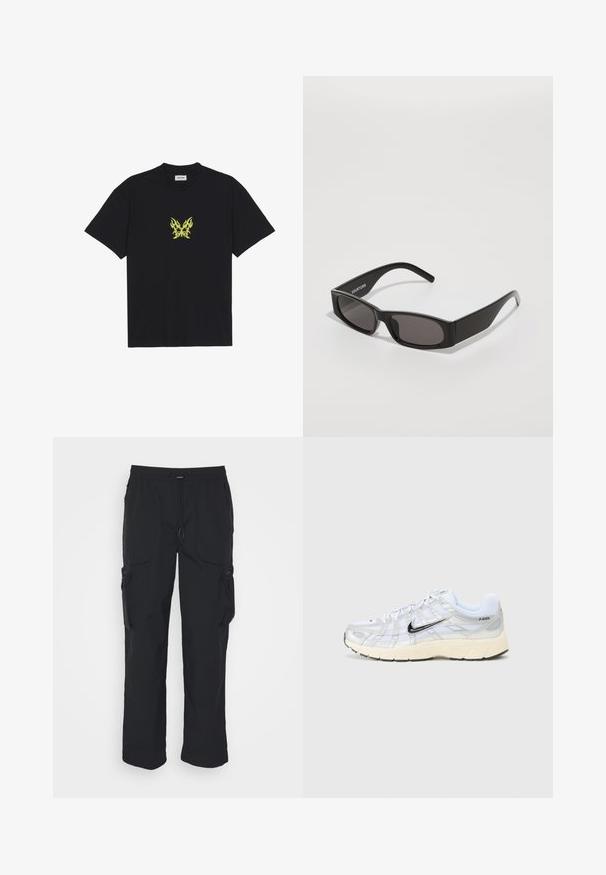 T-shirt de algodão preto com um pequeno gráfico de borboleta em padrão de chama amarela no peito. Decote redondo, mangas curtas.; Calças cargo pretas feitas de tecido trançado. Apresenta um cós ajustável, bolsos laterais e dois bolsos utilitários com zíperes.; Sapatilhas brancas em malha com detalhes prateados, logotipo da Nike em preto, colarinho acolchoado e sola texturizada. Apresenta um design em camadas para maior estabilidade.; Óculos de sol retangulares pretos com lentes escuras, uma armação de plástico lisa e um logótipo discreto no braço esquerdo. Design minimalista.