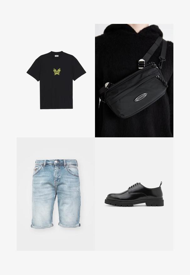 Juodas medvilnės marškinėliai su mažuoju geltonu ugnies rašto drugeliu ant krūtinės. Apvalus kaklas, trumpi rankovės.; Šviesiai mėlyni džinsiniai šortai su išblukusiu finišu, sukamu užlenkimu, penkiomis kišenėmis ir metaliniu mygtuko užsegimu, su subtiliu pluoštų efektu.; Juodos odinės šlepetės su raišteliais, su suapvalintu pirštu, lygiu paviršiumi ir griūvančiu guminiu padu. Yra nedidelis kulniukas ir kilpa gale.; Juodas nailono per petį nešiojamas krepšys su reguliuojama juosta, turintis lygią tekstūrą, priekinį užtrauktuką ir logotipo akcentą.