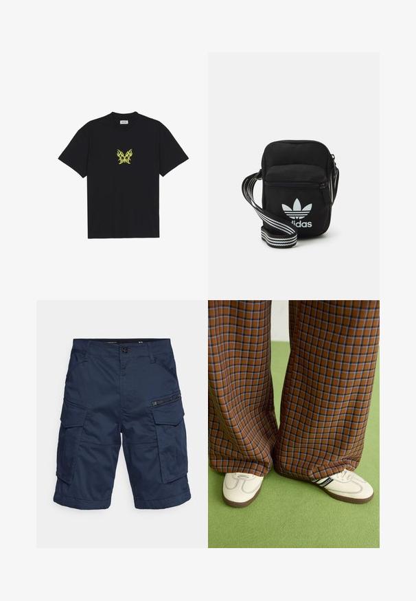 Juodas medvilnės marškinėliai su mažuoju geltonu ugnies rašto drugeliu ant krūtinės. Apvalus kaklas, trumpi rankovės.; Jūrų mėlynos spalvos cargo šortai su daugeliu kišenių, užtrauktuko akcentais ir mygtuko uždarymu. Pagaminti iš tvirto, lengvo audinio, užtikrinančio universalumą.; Rudos ir mėlynos langelinės plačios kelnės, derinamos su baltais batais su juodais akcentais ir tekstūruotais padais, prieš žalią foną.; Juodas audinio per petį nešiojamas krepšys su užtrauktuku, turintis baltą Adidas logotipą ir dryžuotą reguliuojamą diržą patogiam nešiojimui.