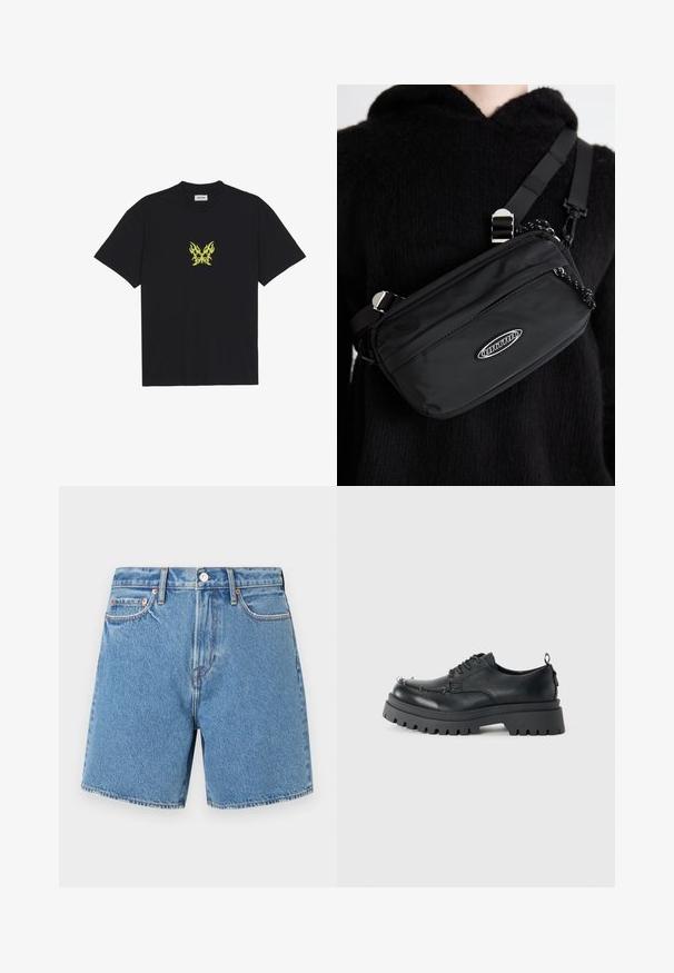 Črna bombažna majica s kratkimi rokavi, ki na prsih prikazuje majhen grafični motiv metulja v rumenem plamenskem vzorcu. Okrogla izrezana vratna linija.; Denim kratke hlače v svetlo modri barvi. Neprekinjeno blago s petimi žepi, gumbom za zapiranje in subtilnim šivanjem ob šivih in žepih.; Črne masivne usnjene čevlje na vezalko s debelim grobim podplatom in kovinskimi gromi na prednjem delu, fotografirane proti enostavni svetli podlagi.; Črn najlon torba za čez ramo z nastavljivim trakom, ki ima gladko teksturo, sprednji žep na zadrgo in akcent z logotipom.