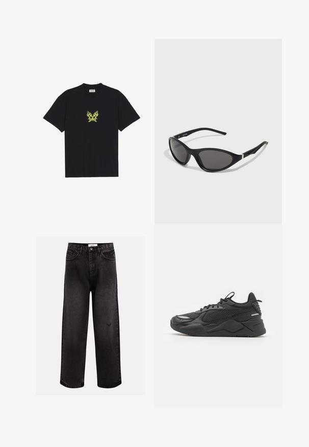 Black cotton t-shirt featuring a small, yellow flame-patterned butterfly graphic on the chest. Crew neckline, short sleeves.; Black denim jeans with a wide-leg cut, featuring five pockets, a stitched waistband, and a subtle logo detail near the knee.; Black sneaker with a textured upper, featuring mesh and synthetic materials, a thick sole, and reflective accents for visibility.; Black cat-eye sunglasses with sleek, matte frames, dark lenses, and silver accents on the temples. Modern design with a sharp shape.; Black nylon crossbody bag with adjustable strap, featuring a smooth texture, a front zipper pocket, and a logo accent.