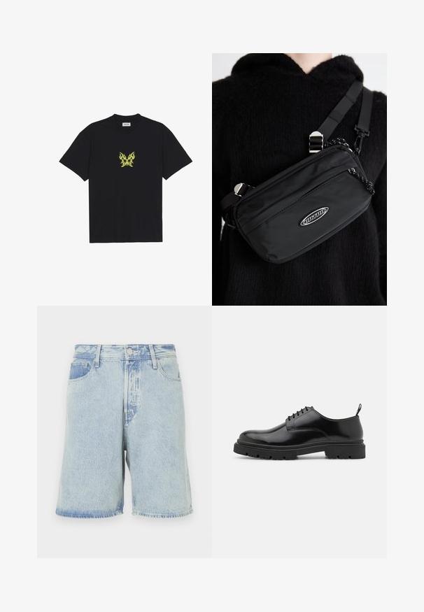 Fekete pamut póló, kicsi, sárga lángmintázatú pillangó grafikával a mellkason. Kerek nyakkivágás, rövid ujjak.; Világoskék farmer rövidnadrág, laza szabású, öt zsebes dizájnnal, elülső gombos záródással és kikopott szegélyekkel.; Fekete bőr fűzős cipők lekerekített orral, sima felülettel és bordázott gumitalppal. Kicsi sarokkal és hátul húzófüllel rendelkezik.; Fekete nylon keresztpántos táska állítható pánttal, sima textúrával, elülső cipzáras zsebbel és logóval díszítve.