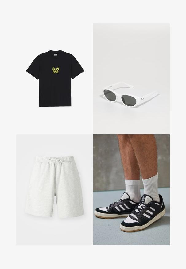 Czarna bawełniana koszulka z małym graficznym motywem żółtego motyla w kształcie płomienia na piersi. Okrągły dekolt, krótkie rękawy.; Jasnoszare bawełniane szorty z elastycznym paskiem, szczegółem ze sznurkiem i bocznymi kieszeniami. Miękka faktura, długość do kolan.; Czarno-białe sneakersy z zamszową i skórzaną cholewką, z trzema białymi paskami, perforowanym czubkiem i gumową podeszwą w kolorze gumy.; Białe okulary przeciwsłoneczne z zaokrąglonymi oprawkami i ciemnymi soczewkami. Wyróżniają się gładką plastikową teksturą i małym logo na zausznicy.