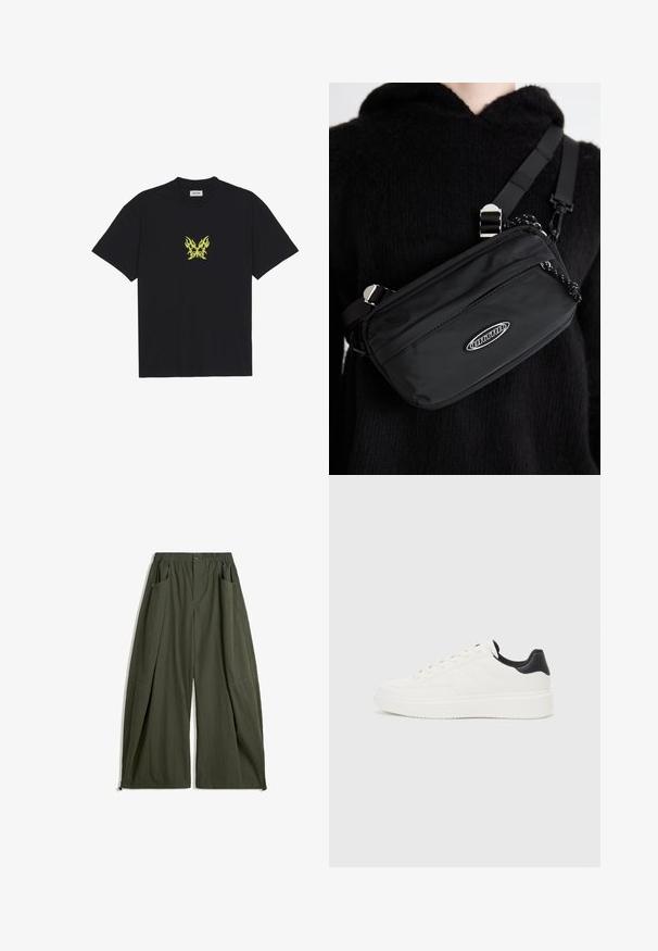 Crna pamučna majica s grafikom leptira u malom žutom plamenu na prsima. Okrugli izrez, kratki rukavi.; Hlače širokih nogavica u maslinasto zelenoj tkanini, s elastičnim pojasom, dva bočna džepa i teksturiranim završetkom.; Bijela kožna tenisica s utisnutim uzorkom, teksturiranom bijelom potplatom i crnim naglaskom na peti. Ima zaobljen nos i ravne vezice.; Crna najlon crossbody torba s podesivom trakom, koja se odlikuje glatkom teksturom, prednjim džepom na patentni zatvarač i logotipom kao akcentom.