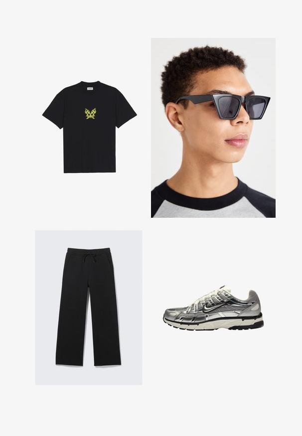 Camiseta de algodón negra con un pequeño gráfico de mariposa con patrón de llamas amarillas en el pecho. Cuello redondo, mangas cortas.; Pantalones de chándal anchos y negros fabricados con una tela suave. Cuenta con una cintura elástica con cordón y bolsillos laterales. Textura lisa.; Zapatilla deportiva en plata y negro con una parte superior de malla y sintético, diseño voluminoso y acabado texturizado. Presenta un cuello acolchado y suela de goma.; Gafas de sol negras angulares con lentes oscuros, que presentan un diseño geométrico audaz y un acabado mate. Llevadas por una persona con cabello corto.