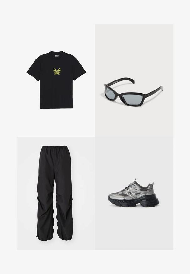 Juodas medvilnės marškinėliai su mažuoju geltonu ugnies rašto drugeliu ant krūtinės. Apvalus kaklas, trumpi rankovės.; Juoda elastinga juosmens kelnės, pagamintos iš vandeniui atsparios medžiagos. Savybės: laisvas siluetas su susiraukšlėmis prie kulkšnų ir be matomų raštų.; Sidabriniai ir juodi sportiniai batai su storu padu, tinkliniais intarpais ir kreiviu dizainu. Turintys raiščius ir traukimo kilpą kulne.; Juodos saulės akinių su elegantišku, kampuotu dizainu. Turi pilkus objektyvus ir blizgius plastikinius rėmus. Apima mažus metalinius akcentus ir prekės ženklą ant šoninės dalies.