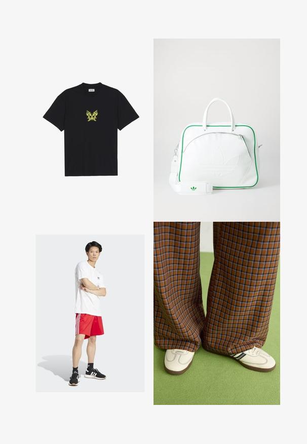 Čierne bavlnené tričko s malým grafickým motívom žltej motýlice v tvare plameňa na hrudi. S okrúhlym výstrihom a krátkymi rukávmi.; Biely bavlnený tričko, červené športové šortky s tromi bielymi pruhmi, čierne tenisky s bielymi akcentmi, stojí s prekrižitými rukami.; Hnedé a modré kárované nohavice s širokými nohavicami skombinované s bielymi topánkami s čiernymi akcentmi a textúrovanými podrážkami, umiestnené na zelenom pozadí.; Bielo-kožená taška s zeleným lemovaním, s výrazným embosovaným logom, dvojitými rúčkami, odnímateľným popruhom a prednou vreckom na zips.