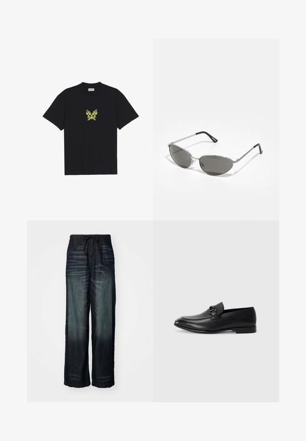 Sort bomull T-skjorte med et lite, gult flamme-mønster av en sommerfugl på brystet. Rund hals, korte ermer.; Bredder bukser i mørk denim med en gradvis falming. Har en elastisk talje med snor. Glat tekstur med subtile slidmønstre.; Sorte skinnloafers med en elegant form, med teksturert overmateriale og en dekorativ stropp med en metallspenne. Flat hæl, minimalistisk design.; Solbriller med en slank, sølvmetallisk ramme, gråtonede linser og et aerodynamisk design med spisse kanter og tynne armer.