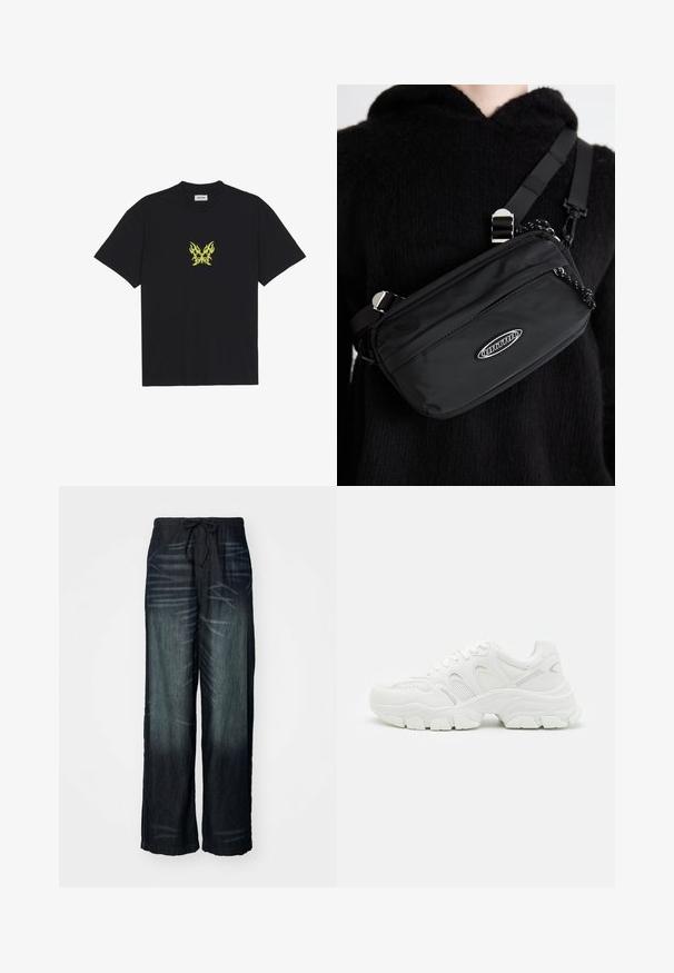 Juodas medvilnės marškinėliai su mažuoju geltonu ugnies rašto drugeliu ant krūtinės. Apvalus kaklas, trumpi rankovės.; Platus kojas turintys džinsai tamsiai mėlynos spalvos su palaipsniui ryškėjančiu atspalviu. Yra elastingas liemuo su raišteliu. Lygus paviršius su subtiliais dėvėjimo žymėmis.; Balsvi bėgimo sportbačiai su tinklelio viršumi ir odiniais akcentais, tekstūruota guma iš apačios ir masyvi konstrukcija su ryškiais kontūrais.; Juodas nailono per petį nešiojamas krepšys su reguliuojama juosta, turintis lygią tekstūrą, priekinį užtrauktuką ir logotipo akcentą.