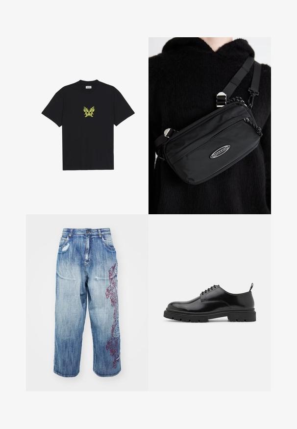 Melnā kokvilnas T-kreklā ir neliels dzeltenu liesmu rakstā veidots tauriņš uz krūšu daļas. Ar apaļu kakla izgriezumu, īsām piedurknēm.; Gaiši zili džinsi ar platu apakšdaļu, ar nolietotām detaļām un izsmalcinātiem sarkaniem izšuvumu akcentiem sānos.; Melnas ādas siksniņu kurpes ar apaļu purngalu, gludu tekstūru un ar rievotu gumijas zoli. Iezīmējas ar mazu papēdi un cilpu aizmugurē.; Melnas neilona pārnēsājamā soma ar regulējamām siksnas, ar gludu tekstūru, priekšējo rāvējslēdzēja kabatu un logotipa akcentu.