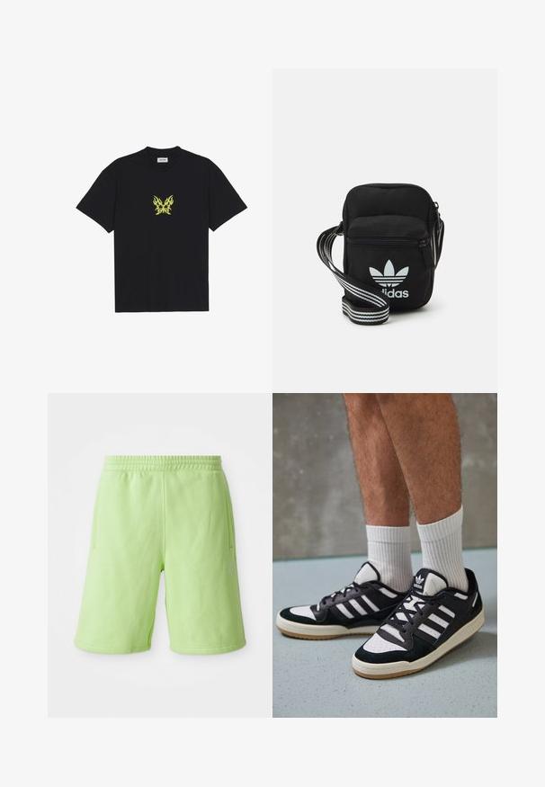 Schwarzes Baumwoll-T-Shirt mit einem kleinen, gelben Schmetterlings-Motiv im Flammenmuster auf der Brust. Rundhalsausschnitt, kurze Ärmel.; Limegrüne Shorts aus weichem Stoff, mit einem elastischen Bund, seitlichen Taschen und einem kleinen weißen Logo auf der unteren rechten Seite.; Schwarz-weiße Sneaker mit einem Obermaterial aus Wildleder und Leder, ausgestattet mit drei weißen Streifen, einer perforierten Zehenpartie und einer Sohle aus Gummi.; Schwarze Umhängetasche aus Stoff mit Reißverschluss, ausgestattet mit einem weißen Adidas-Logo und einem gestreiften, verstellbaren Tragegurt für einfachen Transport.