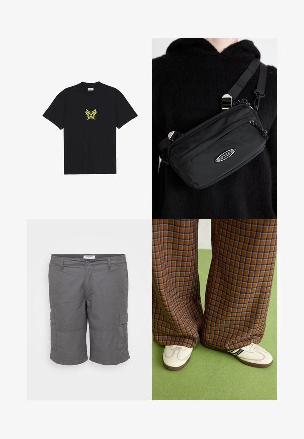 T-shirt en coton noir avec un petit graphique de papillon à motif flammes jaunes sur la poitrine. Encolure ronde, manches courtes.; Shorts cargo gris en tissu léger, avec une fermeture à bouton, deux poches latérales et des poches plaquées sur chaque jambe.; Un pantalon large à carreaux marron et bleu associé à des chaussures blanches avec des accents noirs et des semelles texturées, le tout sur fond vert.; Sac bandoulière noir en nylon avec une bandoulière ajustable, doté d'une texture lisse, d'une poche à fermeture éclair à l'avant et d'un accent de logo.