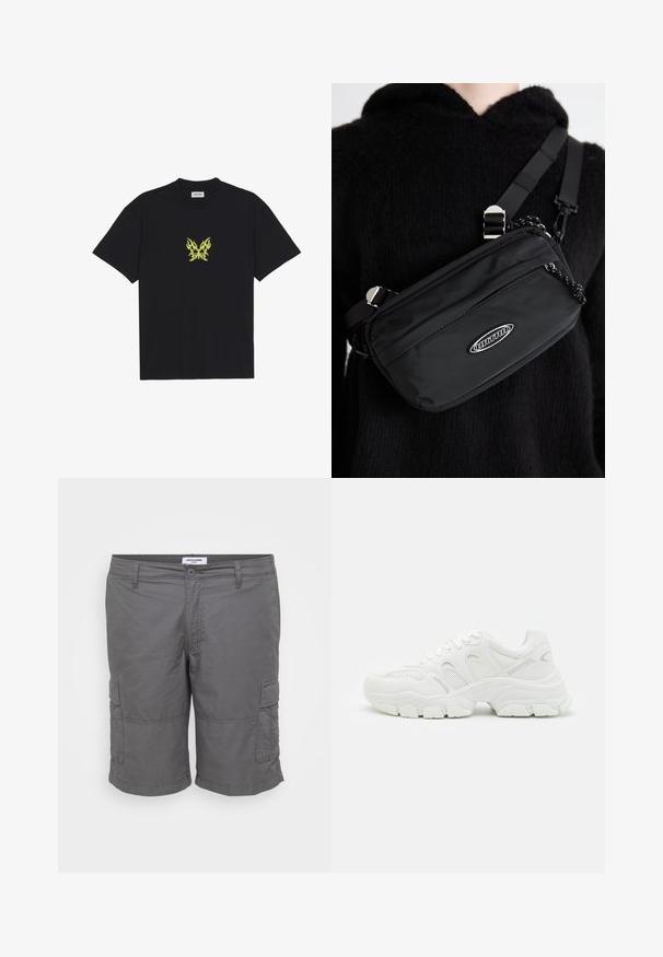 Zwarte katoenen t-shirt met een kleine gele vlinderafbeelding met vlampatroon op de borst. Ronde halslijn, korte mouwen.; Grijze cargoshorts van lichtgewicht stof, met een knoopsluiting, twee zijzakken en patchzakken op elk been.; Witte sportsneakers met een bovenwerk van mesh en lederen accenten, een gestructureerde rubberen zool en een robuust ontwerp met opvallende contouren.; Zwarte nylon crossbody tas met een verstelbare schouderriem, met een gladde textuur, een voorzak met rits en een logo-accent.