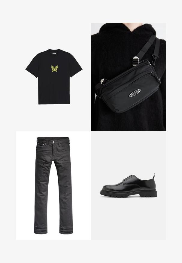 T-shirt en coton noir avec un petit graphique de papillon à motif flammes jaunes sur la poitrine. Encolure ronde, manches courtes.; Jeans en denim noir avec un design classique à jambes droites. Comprend des poches avant, une fermeture à bouton et des détails de couture subtils.; Chaussures en cuir noir à lacets avec un embout arrondi, une texture lisse et une semelle en caoutchouc crantée. Elles présentent un petit talon et une languette à l'arrière.; Sac bandoulière noir en nylon avec une bandoulière ajustable, doté d'une texture lisse, d'une poche à fermeture éclair à l'avant et d'un accent de logo.