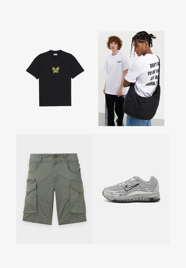 Tricou din bumbac negru, cu un grafic mic sub formă de fluture cu un model de flacără galbenă pe piept. Gât rotund, mâneci scurte.; Șorturi cargo de culoare verde măsliniu dintr-un amestec de bumbac. Prezintă multiple buzunare, inclusiv un buzunar cu fermoar, și detalii de cusătură rezistente.; Adidași gri Nike Air Max, cu un superior din plasă și material sintetic, design în valuri, accente negre și o unitate de amortizare vizibilă.; Geantă de umăr neagră, matlasată, cu o textură moale, purtată de o persoană îmbrăcată într-un tricou alb cu imprimeu grafic și text îndrăzneț. O ținută lejeră, completată cu blugi.