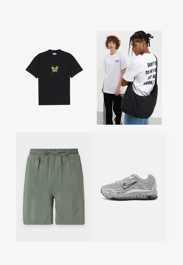 T-shirt in cotone nero con una piccola grafica a farfalla con motivo a fiamma gialla sul petto. Collo a giro, maniche corte.; Costumi da bagno verdi con vita elastica e cordino, materiale leggero e texture liscia. Lunghezza corta con tasche laterali.; Sneaker Nike Air Max grigie con parte superiore in rete e materiale sintetico, design ondulato, accenti neri e un'unità di ammortizzazione visibile.; Borsa a spalla nera trapuntata con una texture morbida, indossata da una persona con una maglietta grafica bianca con testo in grassetto. Outfit casual con jeans.