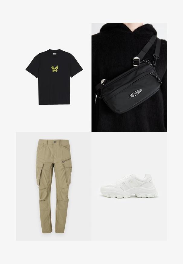 Sort bomull T-skjorte med et lite, gult flamme-mønster av en sommerfugl på brystet. Rund hals, korte ermer.; Khaki cargo bukser laget av slitesterkt stoff, med flere sidelommer, en slim fit og synlige sømmer.; Hvite sportsko med mesh-overdel og lærdetaljer, teksturert gummisåle og en robust design med merkbare konturer.; Svart nylon crossover-veske med justerbar stropp, med en jevn tekstur, en frontlomme med glidelås, og en logo-detalj.