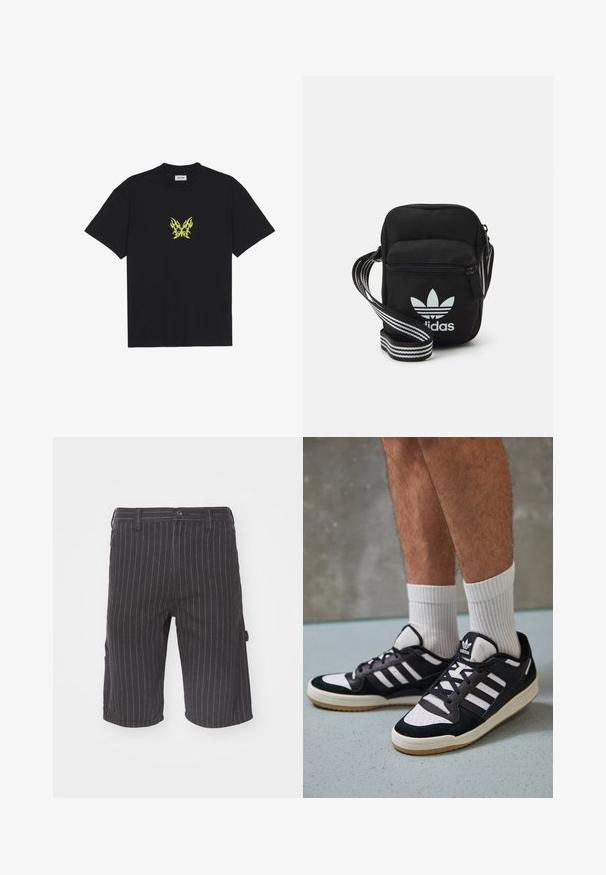 T-shirt de algodão preto com um pequeno gráfico de borboleta em padrão de chama amarela no peito. Decote redondo, mangas curtas.; Calções pretos com riscas verticais, de corte reto, com fecho por botão e bolsos laterais, feitos de um tecido de algodão texturizado.; Ténis em preto e branco com upper em camurça e couro, apresentando três riscas brancas, um toe perfurado e uma sola em borracha de goma.; Sacolinha transversal de tecido preto com fecho de zíper, apresentando um logo da Adidas em branco e uma alça ajustável listrada para facilitar o transporte.