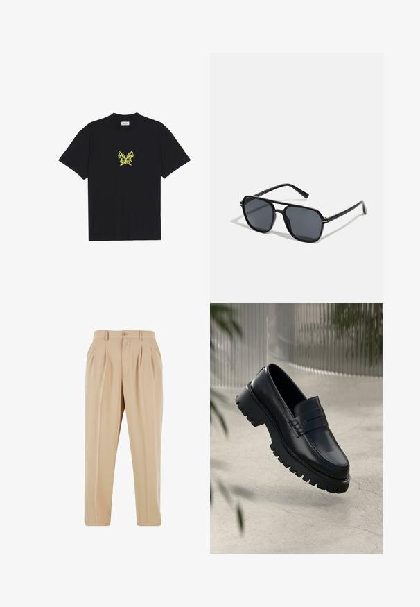 Čierne bavlnené tričko s malým grafickým motívom žltej motýlice v tvare plameňa na hrudi. S okrúhlym výstrihom a krátkymi rukávmi.; Béžové plisované nohavice so strihom rovného nohu, vyrobené z hladkej tkaniny, s gombíkovým zapínaním a pútkami na opasok v páse.; Čierne kožené loafery s robustnou podrážkou, s dekoratívnym pásikom a prešívaním. Hladký povrch s lesklým finišom.; Čierne slnečné okuliare s osemuholníkovým rámom, tmavými sklami, lesklým povrchom, tenkými rámčekmi a zlatými akcentmi na prednej strane.
