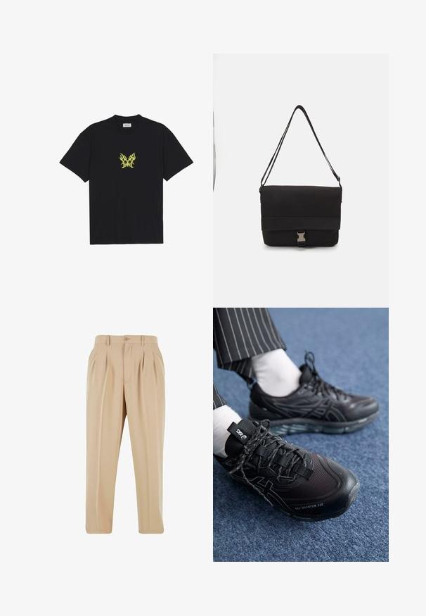 Zwarte katoenen t-shirt met een kleine gele vlinderafbeelding met vlampatroon op de borst. Ronde halslijn, korte mouwen.; Beige geplooide broeken met een recht model, gemaakt van een zachte stof, met een knoopsluiting en riemlussen op de tailleband.; Zwarte sportieve schoenen met een gestructureerde bovenkant en donkere veters. Beschikt over een transparante gelzool. Draagt met witte sokken en gestreepte broek.; Zwarte schoudertas van glad materiaal, met een omklapflap, zilveren sluiting en een verstelbare schouderband.