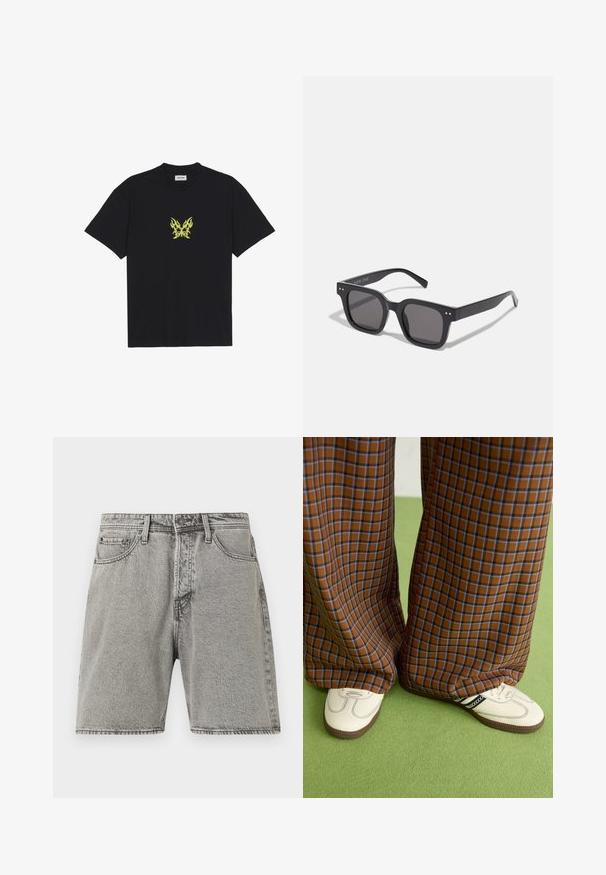 Zwarte katoenen t-shirt met een kleine gele vlinderafbeelding met vlampatroon op de borst. Ronde halslijn, korte mouwen.; Grijze denim shorts met een klassieke snit, vijf zakken en zichtbare stiksels. Voorzien van een sluiting met een knoop aan de voorkant en een licht vervaagde textuur.; Bruine en blauwe geruite wijde broek, gecombineerd met witte schoenen met zwarte accenten en een gestructureerde zool, gezet tegen een groene achtergrond.; Zwarte rechthoekige zonnebril met donkere lenzen, voorzien van een dik montuur, subtiele accenten aan de zijkanten en zonder zichtbare logo's behalve de merknaam.; Zwarte schoudertas van glad materiaal, met een omklapflap, zilveren sluiting en een verstelbare schouderband.