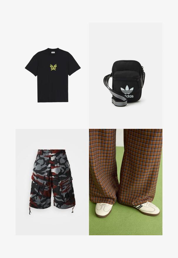 T-shirt de algodão preto com um pequeno gráfico de borboleta em padrão de chama amarela no peito. Decote redondo, mangas curtas.; Calças cargo camufladas em tecido vermelho, preto e cinza. Apresentam múltiplos bolsos, bainhas com cordão ajustável e um design de ajuste descontraído.; Calças largas em padrão xadrez castanho e azul, combinadas com sapatos brancos com detalhes pretos e solas texturizadas, contra um fundo verde.; Sacolinha transversal de tecido preto com fecho de zíper, apresentando um logo da Adidas em branco e uma alça ajustável listrada para facilitar o transporte.