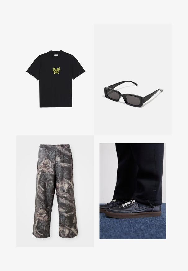 Black cotton t-shirt featuring a small, yellow flame-patterned butterfly graphic on the chest. Crew neckline, short sleeves.; Camo-patterned wide-leg pants with a muted gray and brown color scheme, elastic waistband, and relaxed fit to enhance comfort and mobility.; Nike Sportswear KILLSHOT 2 LTR PRM OPP2 - Trainers - black sail baroque brown mtlc dk grey; Black rectangular sunglasses with dark lenses, glossy finish, wide arms, and a chunky frame design. Engraved brand name on one arm.