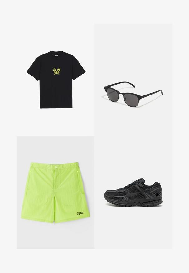 T-shirt en coton noir avec un petit graphique de papillon à motif flammes jaunes sur la poitrine. Encolure ronde, manches courtes.; Shorts verts néon en tissu léger, dotés d'une fermeture à bouton, de deux poches latérales et d'un logo sur le bas à droite.; Chaussure de sport noire avec tige en mesh, semelle en caoutchouc et accents texturés. Le design comprend un système de laçage prononcé et une semelle rembourrée.; Lunettes de soleil noires avec des verres ronds, finition mate et une forme distinctive en œil de chat. Monture fine avec un logo discret sur la branche gauche.