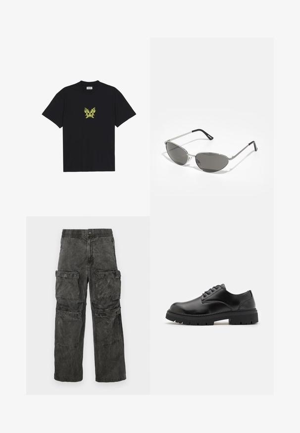 Fekete pamut póló, kicsi, sárga lángmintázatú pillangó grafikával a mellkason. Kerek nyakkivágás, rövid ujjak.; Fakó fekete szövetből készült cargo nadrág, elasztikus derékpánttal, több oldalsó zsebbel és enyhén mosott textúrával.; Fekete bőrcipő, lekerekített orral, fűzős kialakítással és vastag, texturált gumitalppal. Az élek mentén varrás található, és sima felülete van.; Sötétített lencsékkel rendelkező napszemüveg, elegáns, ezüst színű fém vázzal, aerodinamikus kialakítással, hegyes szélekkel és vékony szárakkal.