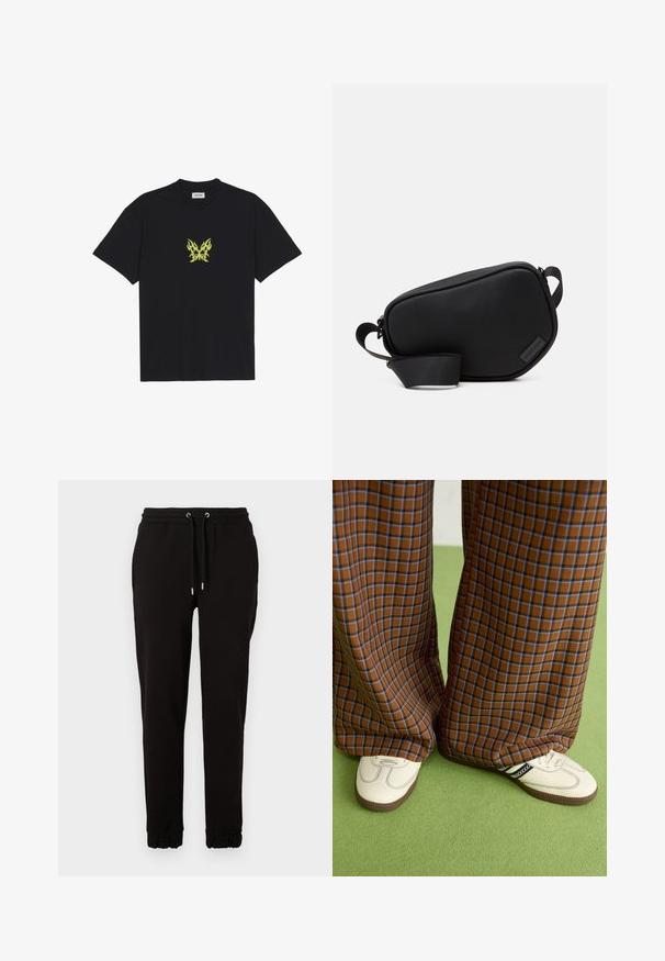 Schwarzes Baumwoll-T-Shirt mit einem kleinen, gelben Schmetterlings-Motiv im Flammenmuster auf der Brust. Rundhalsausschnitt, kurze Ärmel.; Schwarze Sweatpants aus weichem Stoff, mit einem elastischen Bund und Kordelzügen, Seitentaschen und gerafften Bündchen an den Knöcheln.; Braun und blaue Karohosen mit weitem Bein, kombiniert mit weißen Schuhen mit schwarzen Akzenten und strukturierten Sohlen, vor einem grünen Hintergrund.; Schwarze, mit Reißverschluss ausgestattete Umhängetasche aus glattem Material, mit flacher Form, einem einzelnen Riemen und einem kleinen Logo-Detail. Minimalistisches Design.