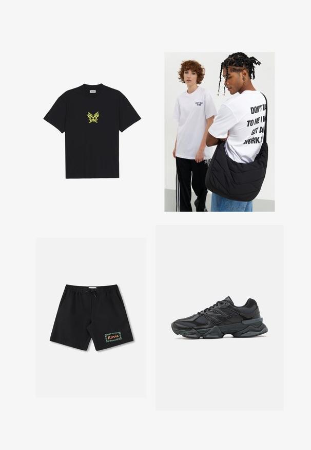 Sort bomull T-skjorte med et lite, gult flamme-mønster av en sommerfugl på brystet. Rund hals, korte ermer.; Svarte badeshorts med elastisk midje og snor. Har en grønn blomsterkant med teksten «Rivolia» på venstre ben.; Svart løpesko med en blanding av mesh og syntetiske materialer, chunky såle, buet design og fremtredende merkevare på siden.; Sort, kviltet skulderveske med myk tekstur, båret av en person i en hvit grafisk T-skjorte med fet tekst. Løs stil med denim.