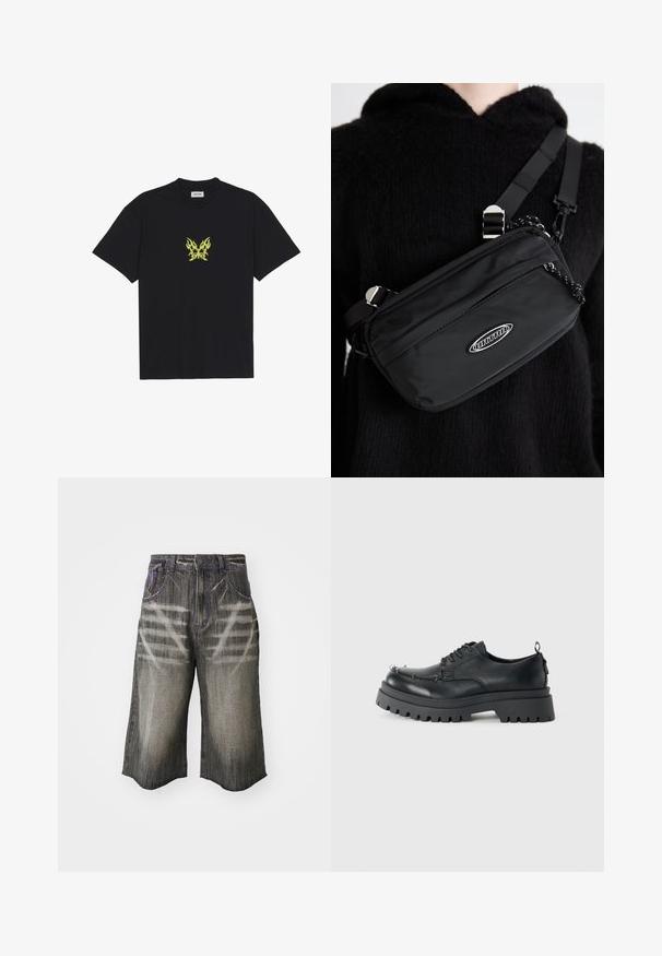 Melnā kokvilnas T-kreklā ir neliels dzeltenu liesmu rakstā veidots tauriņš uz krūšu daļas. Ar apaļu kakla izgriezumu, īsām piedurknēm.; Tumši pelēki džinsu šorti ar izbalējušu dizainu. Funkcijas krasi purpursarkani diegi un brīvu, plašu siluetu.; Melnas masīvas ādas kurpes ar auklēm, biezs, raupjš zole un metāla acs kontaktligzdas uz pirkstu zonas, fotografētas uz vienkārša gaiša fona.; Melnas neilona pārnēsājamā soma ar regulējamām siksnas, ar gludu tekstūru, priekšējo rāvējslēdzēja kabatu un logotipa akcentu.