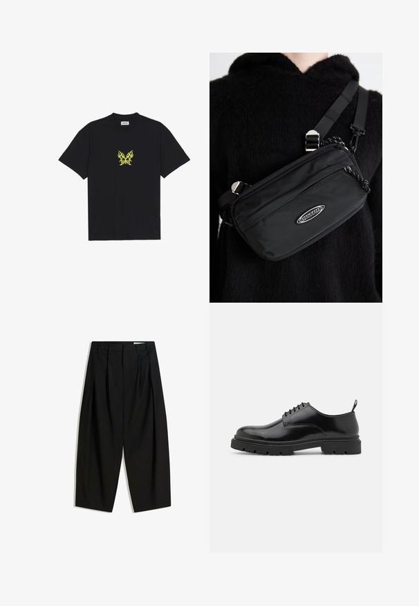 Schwarzes Baumwoll-T-Shirt mit einem kleinen, gelben Schmetterlings-Motiv im Flammenmuster auf der Brust. Rundhalsausschnitt, kurze Ärmel.; Schwarze, hoch taillierte Hose mit breiten, verkürzten Beinen und Falten an der Vorderseite für zusätzliche Textur und Struktur.; Schwarze Leder Schnürschuhe mit runder Zehenpartie, glatter Oberfläche und genoppter Gummisohle. Verfügen über einen kleinen Absatz und eine Ziehschlaufe auf der Rückseite.; Schwarze Nylon-Crossbody-Tasche mit verstellbarem Gurt, ausgestattet mit einer glatten Textur, einer vorderen Reißverschlusstasche und einem Logo-Detail.