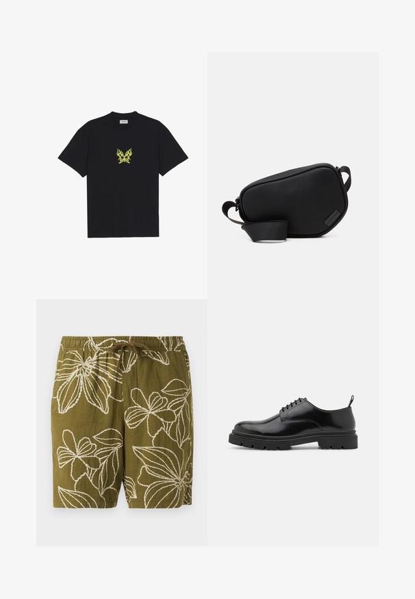 T-shirt en coton noir avec un petit graphique de papillon à motif flammes jaunes sur la poitrine. Encolure ronde, manches courtes.; Shorts en lin vert olive avec broderies florales blanches, dotés d'une taille élastique et d'un cordon de serrage pour un ajustement réglable.; Chaussures en cuir noir à lacets avec un embout arrondi, une texture lisse et une semelle en caoutchouc crantée. Elles présentent un petit talon et une languette à l'arrière.; Sac en bandoulière noir, zippé, en matériau lisse, avec une forme plate, une seule sangle et un petit logo en accent. Design minimaliste.